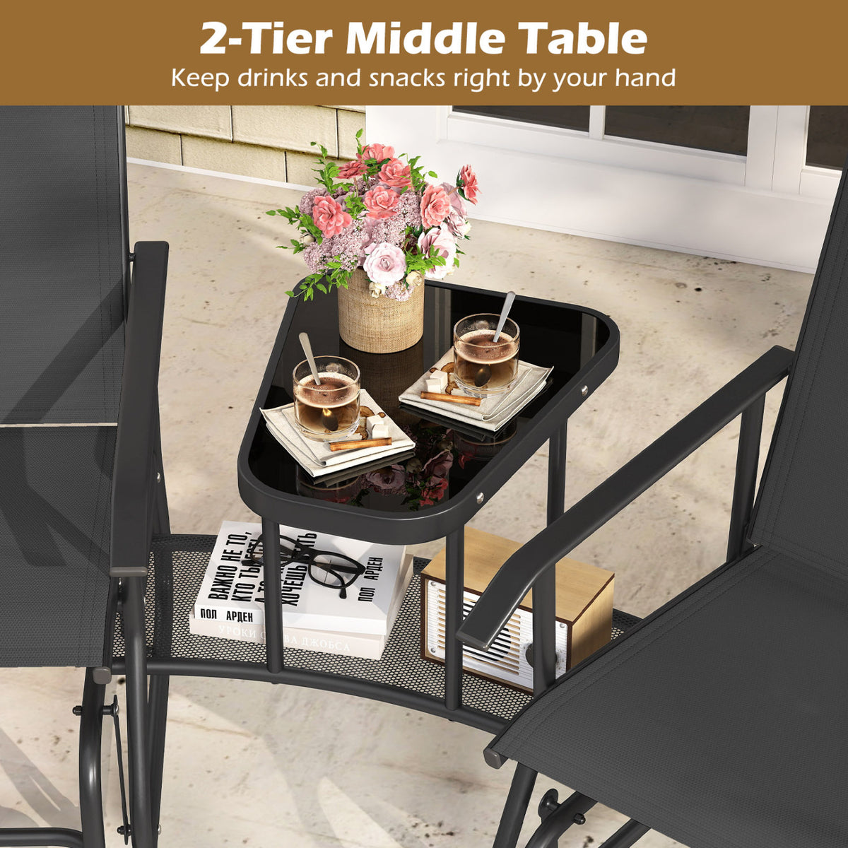 2-Seater Outdoor Glider Bench with 2-Tier Center Table-Black