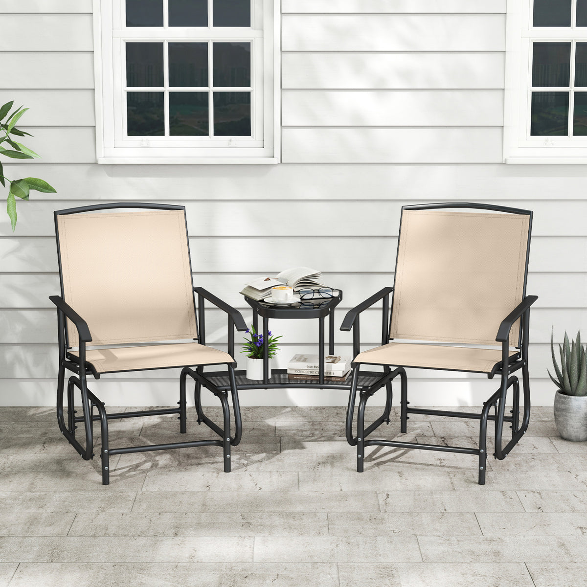 2-Seater Outdoor Glider Bench with 2-Tier Center Table-Beige