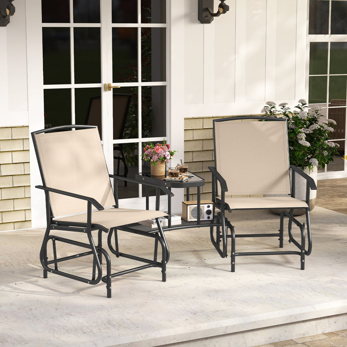 2-Seater Outdoor Glider Bench with 2-Tier Center Table-Beige