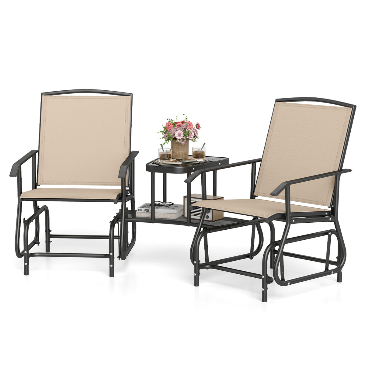 2-Seater Outdoor Glider Bench with 2-Tier Center Table-Beige