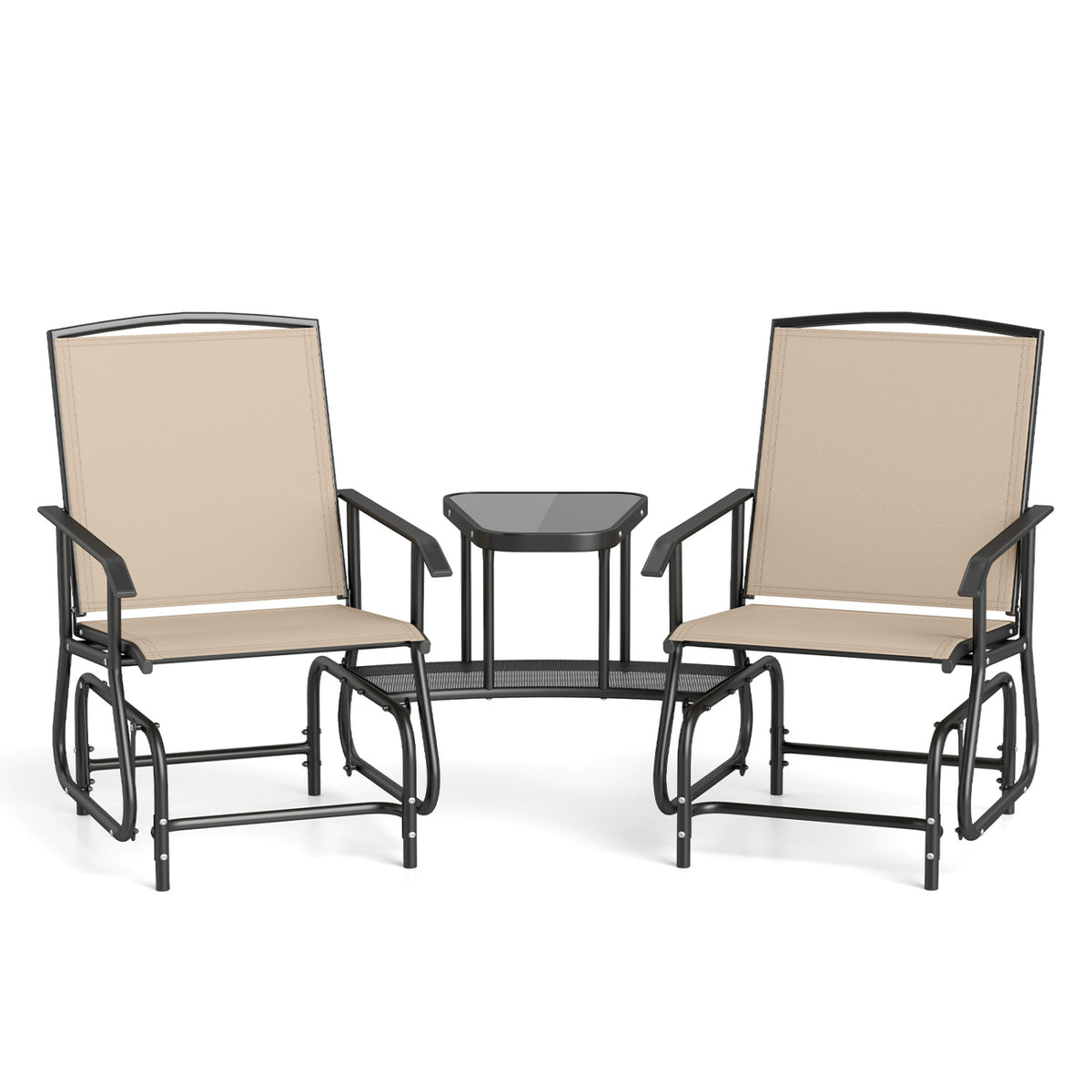 2-Seater Outdoor Glider Bench with 2-Tier Center Table-Beige