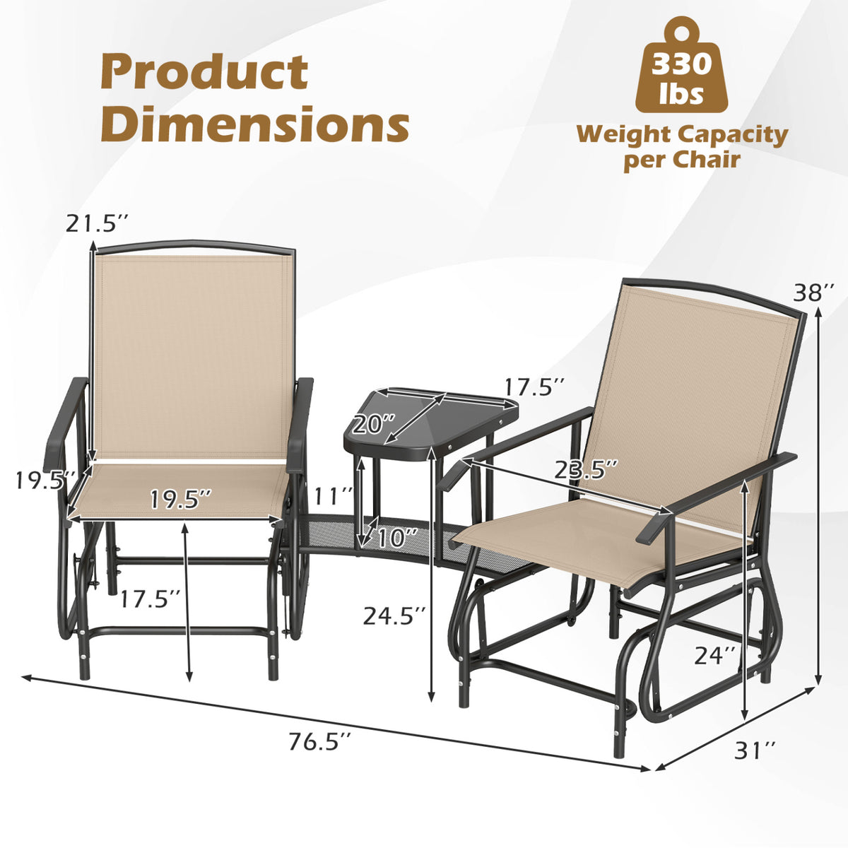 2-Seater Outdoor Glider Bench with 2-Tier Center Table-Beige