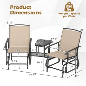 2-Seater Outdoor Glider Bench with 2-Tier Center Table-Beige