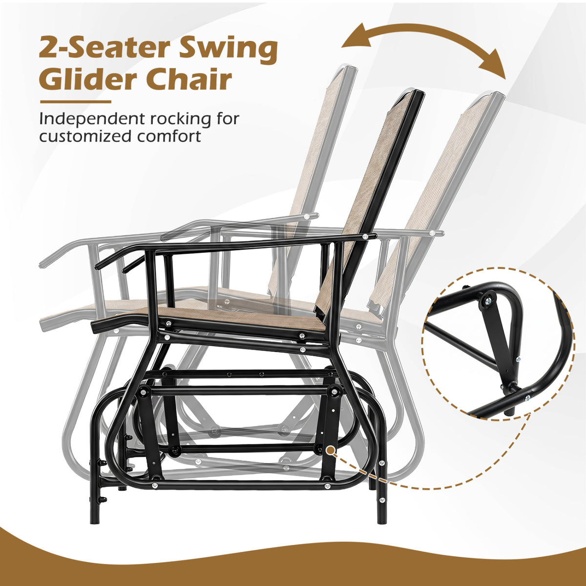 2-Seater Outdoor Glider Bench with 2-Tier Center Table-Beige