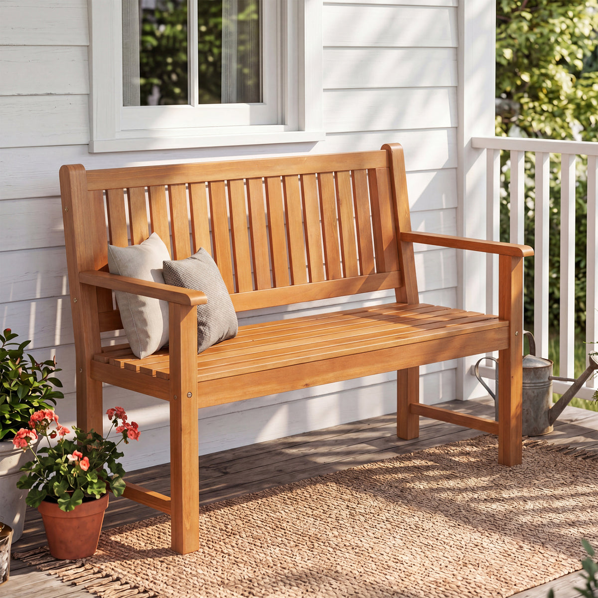 2-Seater Outdoor Wooden Bench with Backrest and Armrests-Natural