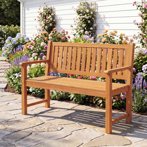 2-Seater Outdoor Wooden Bench with Backrest and Armrests-Natural