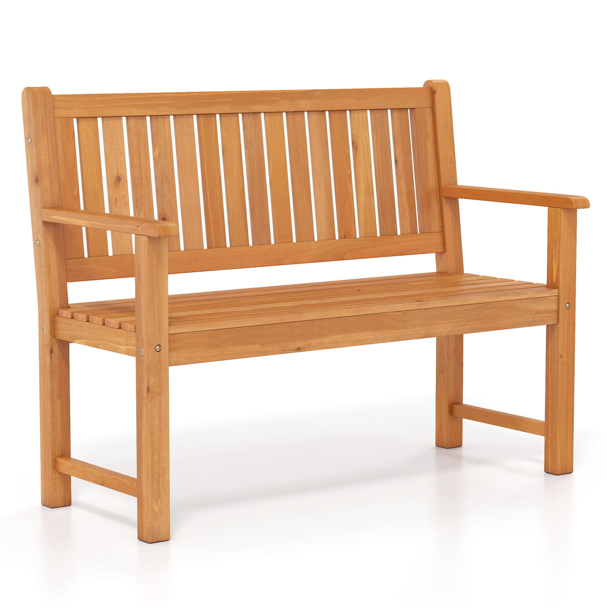 2-Seater Outdoor Wooden Bench with Backrest and Armrests-Natural