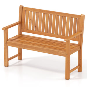 2-Seater Outdoor Wooden Bench with Backrest and Armrests-Natural