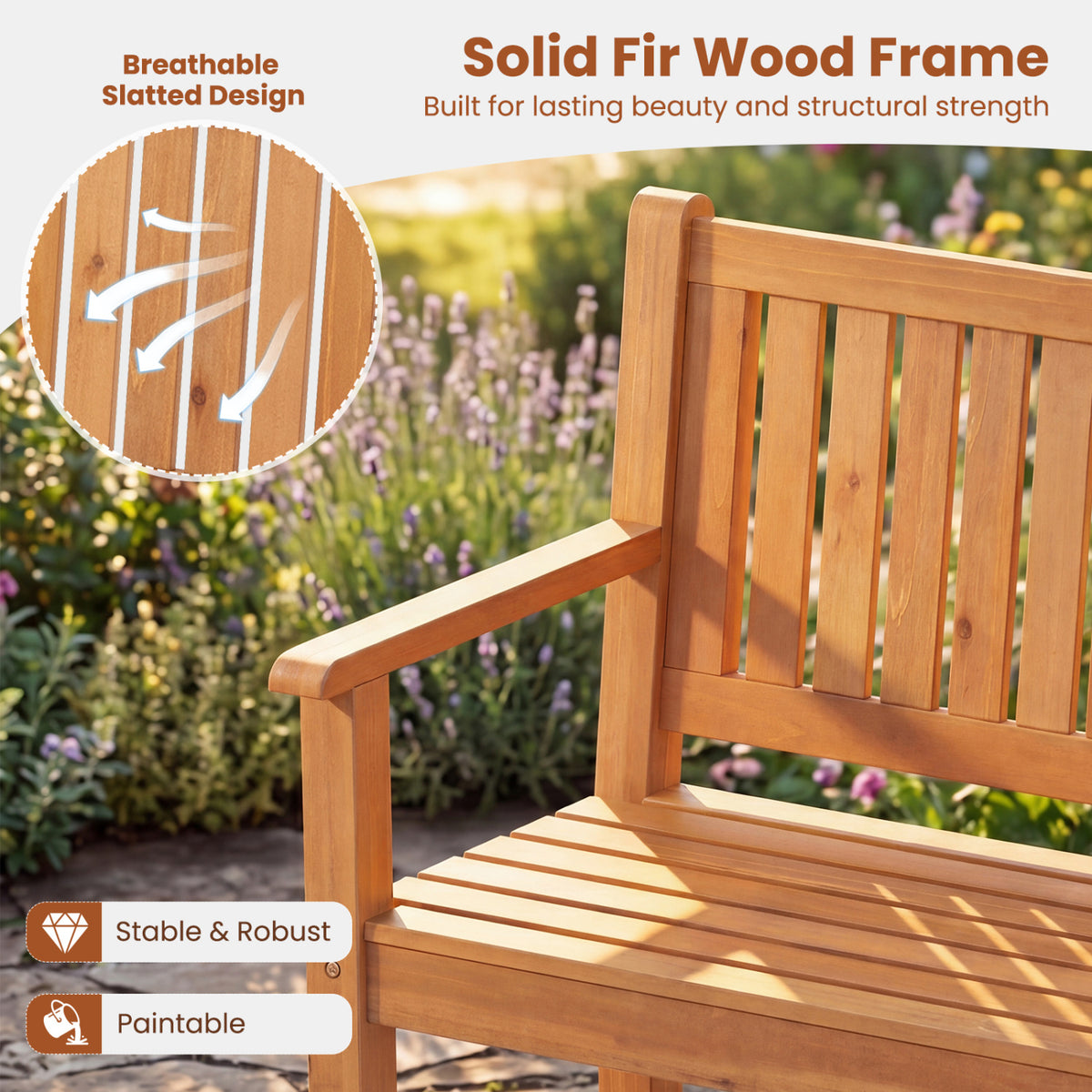 2-Seater Outdoor Wooden Bench with Backrest and Armrests-Natural