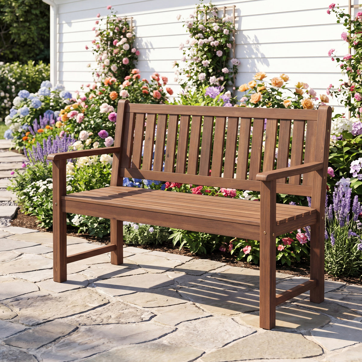 2-Seater Outdoor Wooden Bench with Backrest and Armrests-Brown