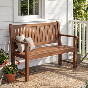 2-Seater Outdoor Wooden Bench with Backrest and Armrests-Brown