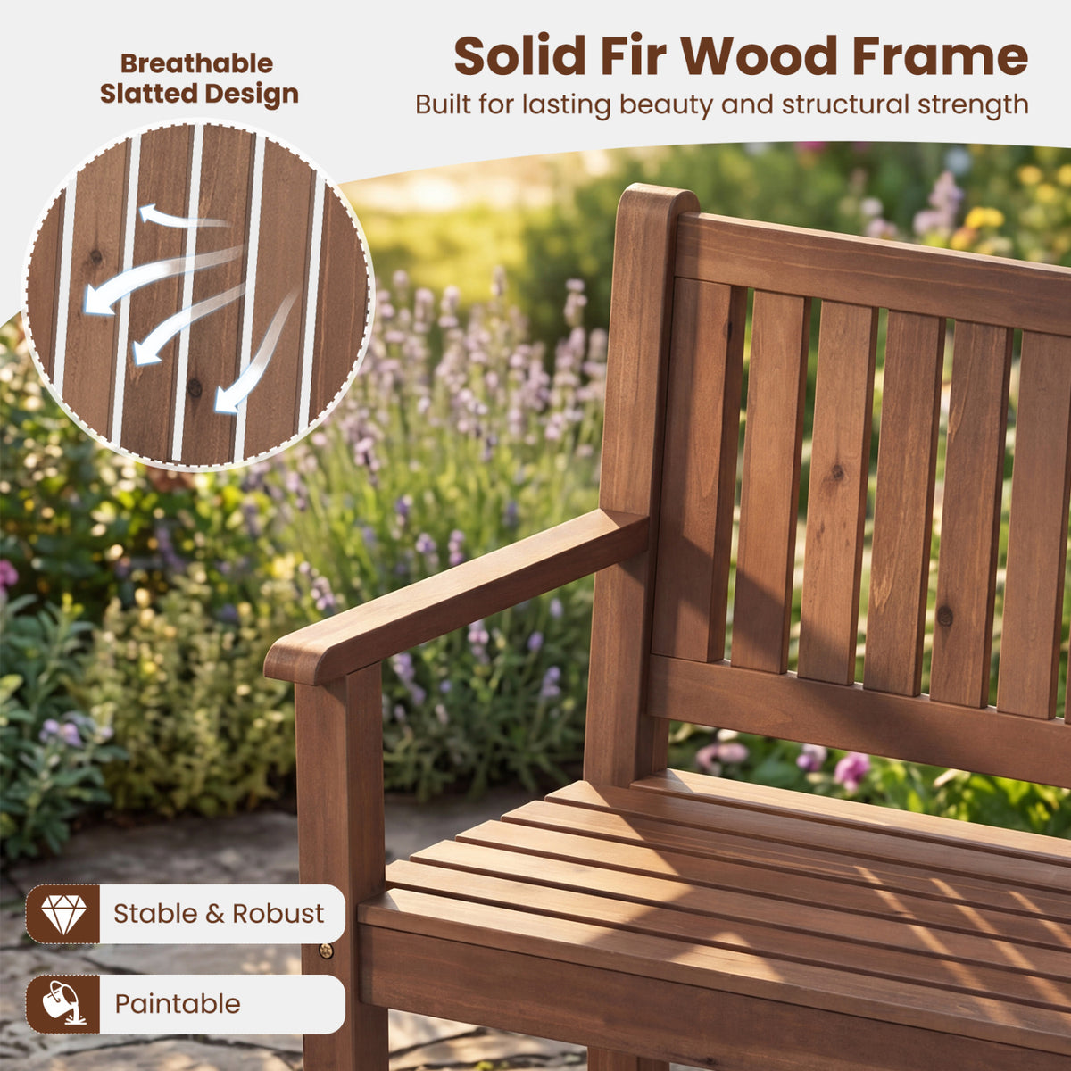 2-Seater Outdoor Wooden Bench with Backrest and Armrests-Brown