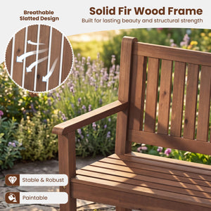 2-Seater Outdoor Wooden Bench with Backrest and Armrests-Brown