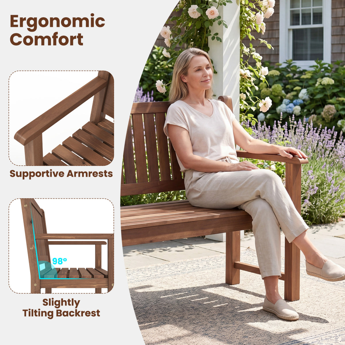 2-Seater Outdoor Wooden Bench with Backrest and Armrests-Brown