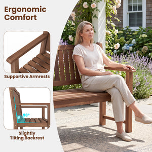 2-Seater Outdoor Wooden Bench with Backrest and Armrests-Brown