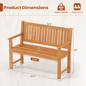 2-Seater Outdoor Wooden Bench with Backrest and Armrests-Natural