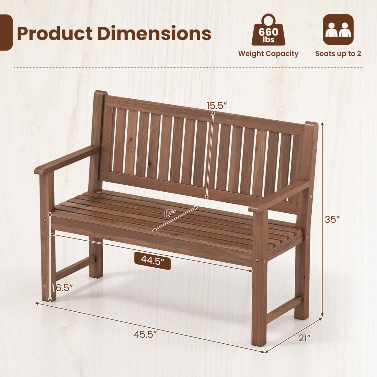 2-Seater Outdoor Wooden Bench with Backrest and Armrests-Brown