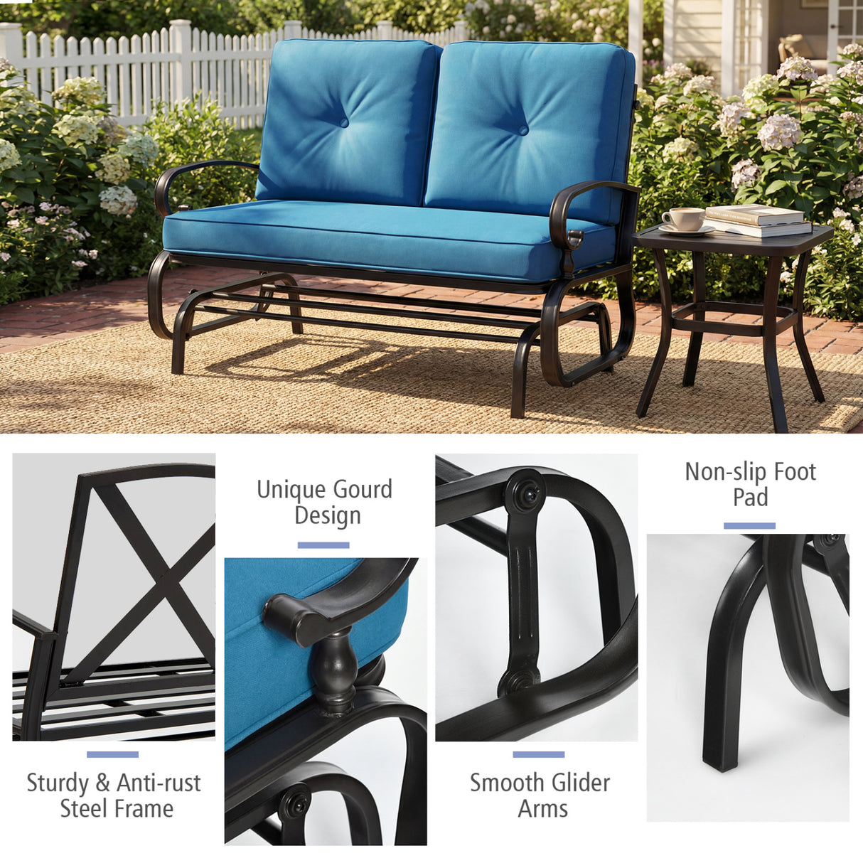 2 Seats Outdoor Swing Glider Chair with Comfortable Cushions-Blue
