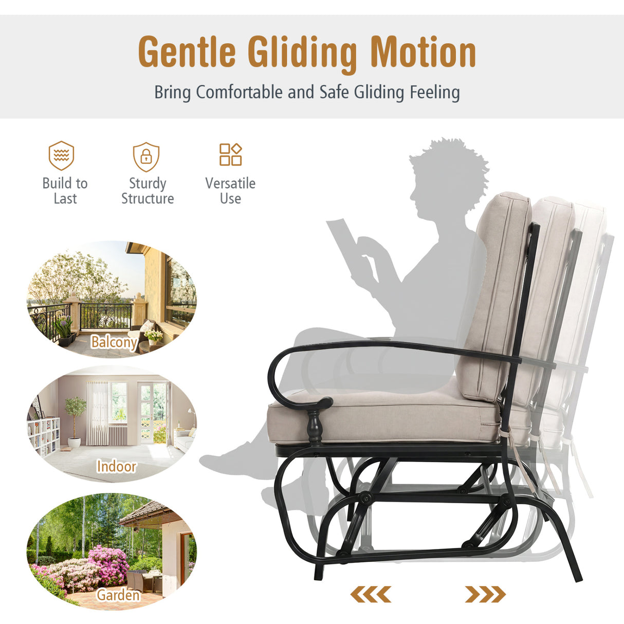 2 Seats Outdoor Swing Glider Chair with Comfortable Cushions-Beige