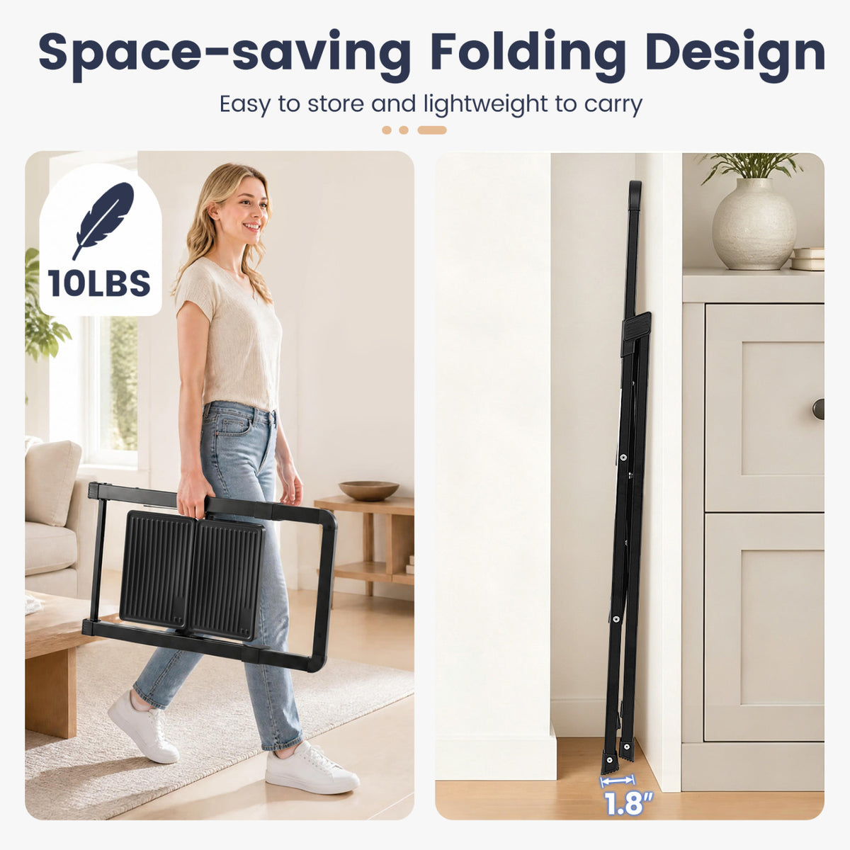 2 Step Black Folding Step Stool with Wide Anti-slip Pedals