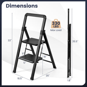 2 Step Black Folding Step Stool with Wide Anti-slip Pedals