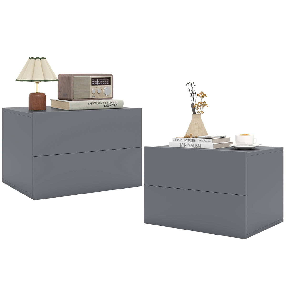 2 Storage Drawers Wall Mounted Floating Nightstand for Bedroom-Gray