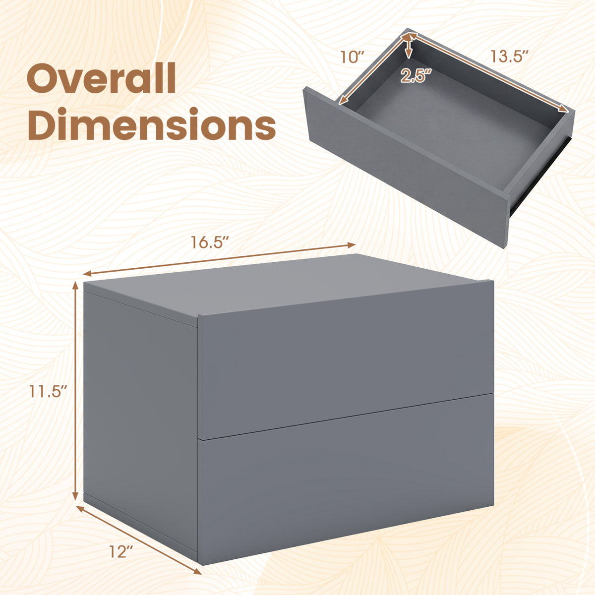 2 Storage Drawers Wall Mounted Floating Nightstand for Bedroom-Gray