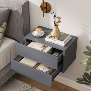 2 Storage Drawers Wall Mounted Floating Nightstand for Bedroom-Gray