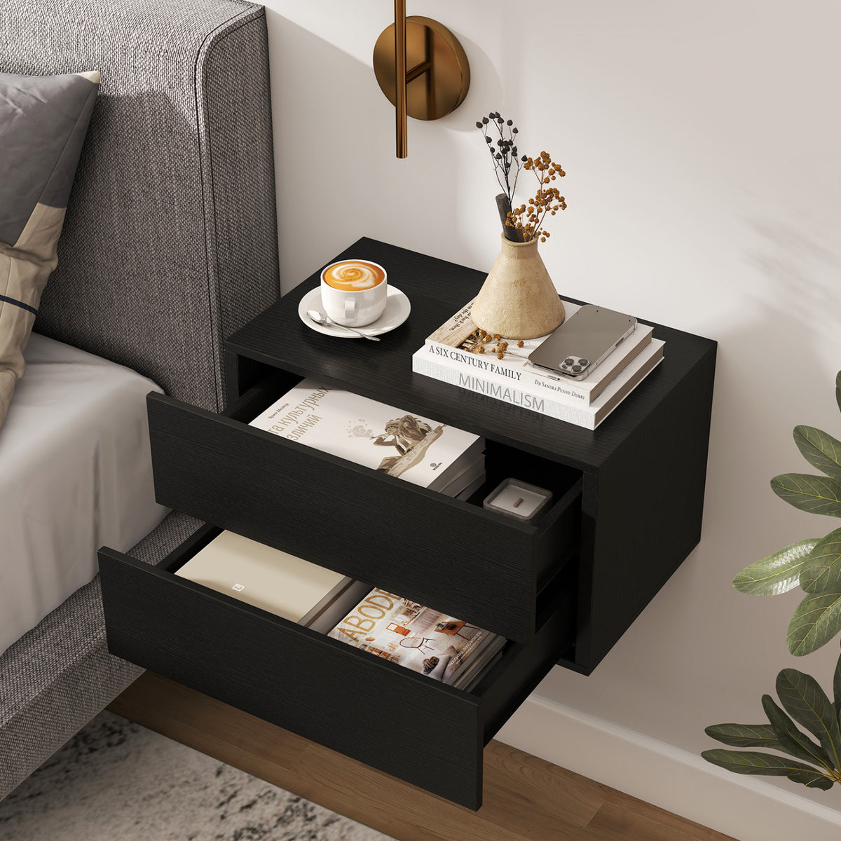 2 Storage Drawers Wall Mounted Floating Nightstand for Bedroom-Black
