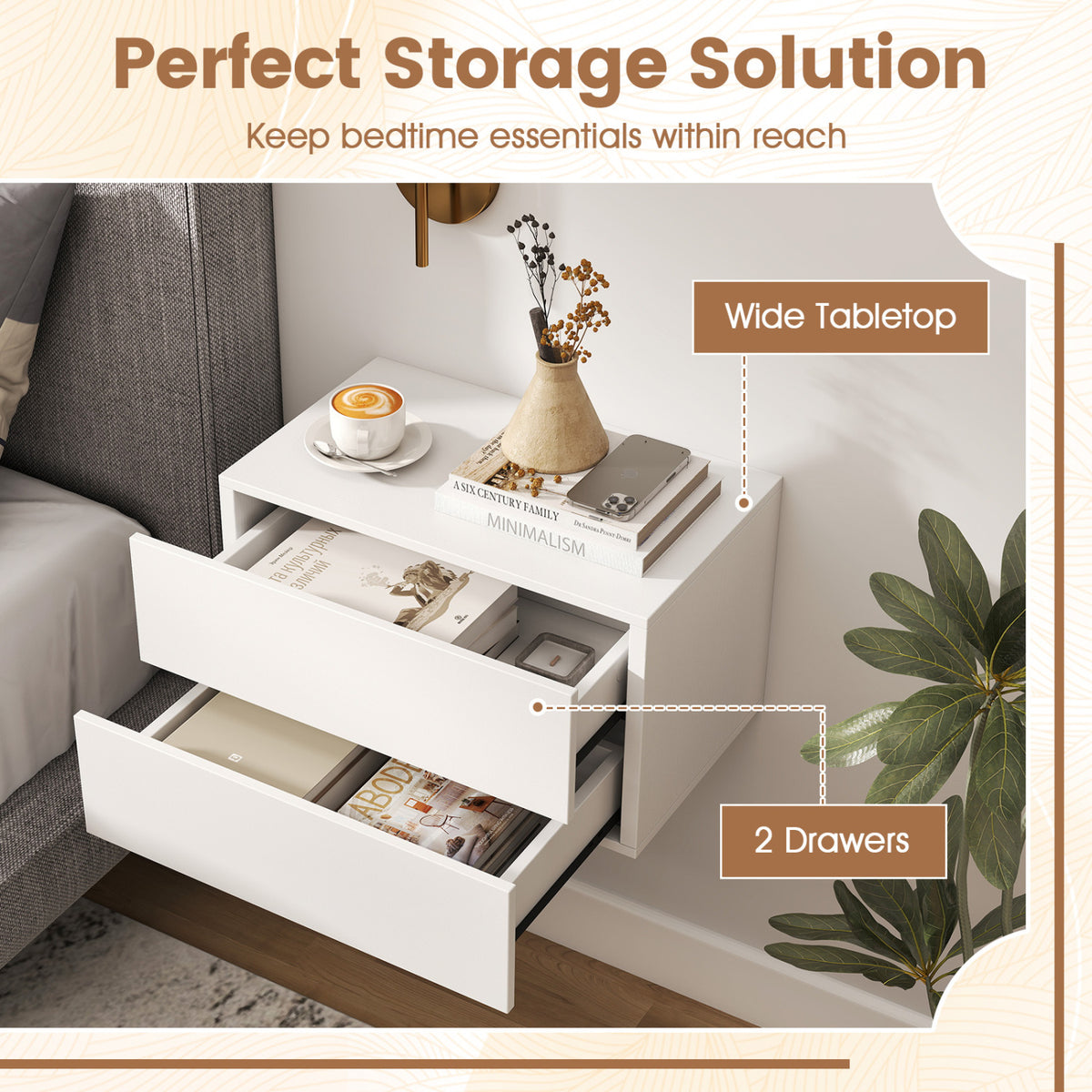 2 Storage Drawers Wall Mounted Floating Nightstand for Bedroom-White