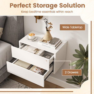2 Storage Drawers Wall Mounted Floating Nightstand for Bedroom-White