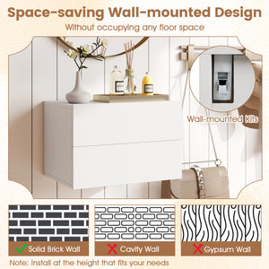 2 Storage Drawers Wall Mounted Floating Nightstand for Bedroom-White