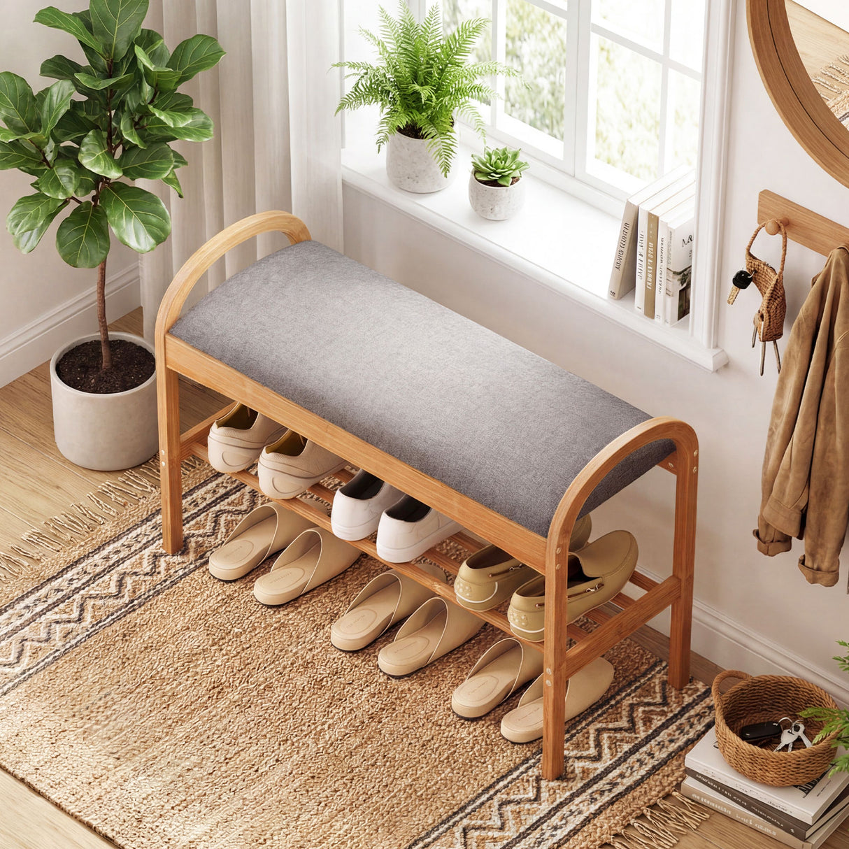 2-Tier Bamboo Shoe Bench with Padded Cushion and Shelf-Gray