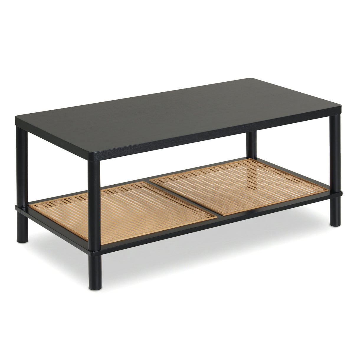 2-Tier Boho Coffee Table for Living Room Rectangular Center Table with Rubber Wood Frame and PVC Rattan Storage Shelf-Black