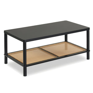 2-Tier Boho Coffee Table for Living Room Rectangular Center Table with Rubber Wood Frame and PVC Rattan Storage Shelf-Black