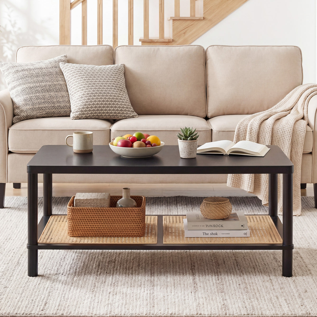 2-Tier Boho Coffee Table for Living Room Rectangular Center Table with Rubber Wood Frame and PVC Rattan Storage Shelf-Black