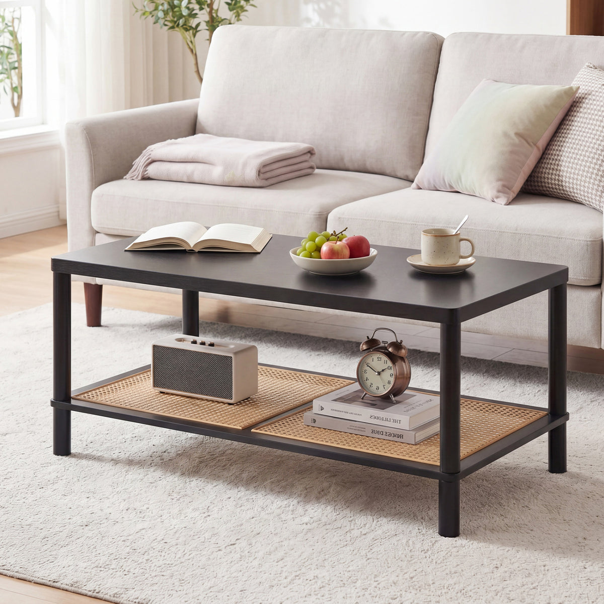 2-Tier Boho Coffee Table for Living Room Rectangular Center Table with Rubber Wood Frame and PVC Rattan Storage Shelf-Black