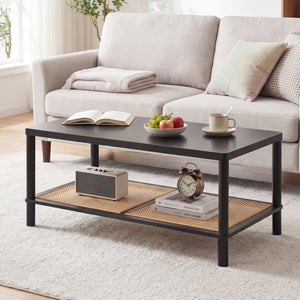 2-Tier Boho Coffee Table for Living Room Rectangular Center Table with Rubber Wood Frame and PVC Rattan Storage Shelf-Black