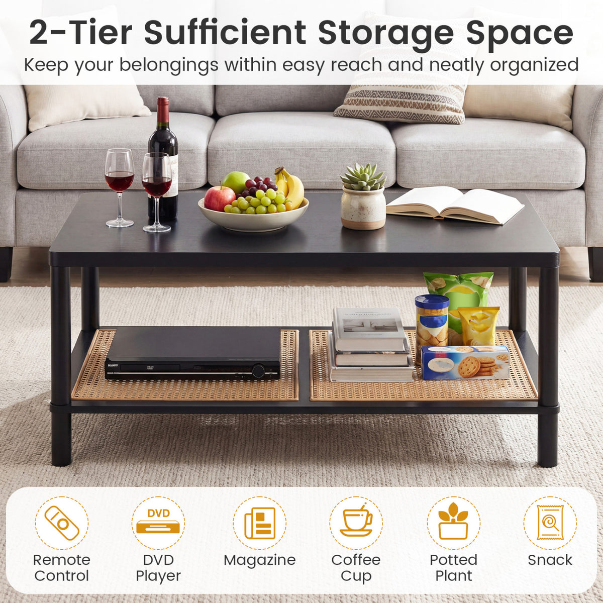 2-Tier Boho Coffee Table for Living Room Rectangular Center Table with Rubber Wood Frame and PVC Rattan Storage Shelf-Black