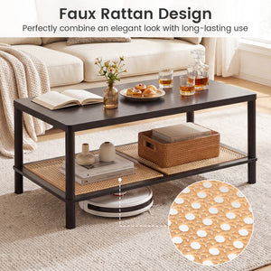 2-Tier Boho Coffee Table for Living Room Rectangular Center Table with Rubber Wood Frame and PVC Rattan Storage Shelf-Black