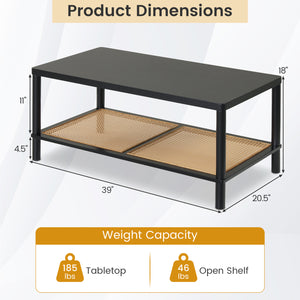 2-Tier Boho Coffee Table for Living Room Rectangular Center Table with Rubber Wood Frame and PVC Rattan Storage Shelf-Black