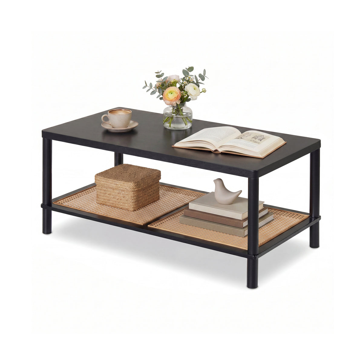 2-Tier Boho Coffee Table for Living Room Rectangular Center Table with Rubber Wood Frame and PVC Rattan Storage Shelf-Black