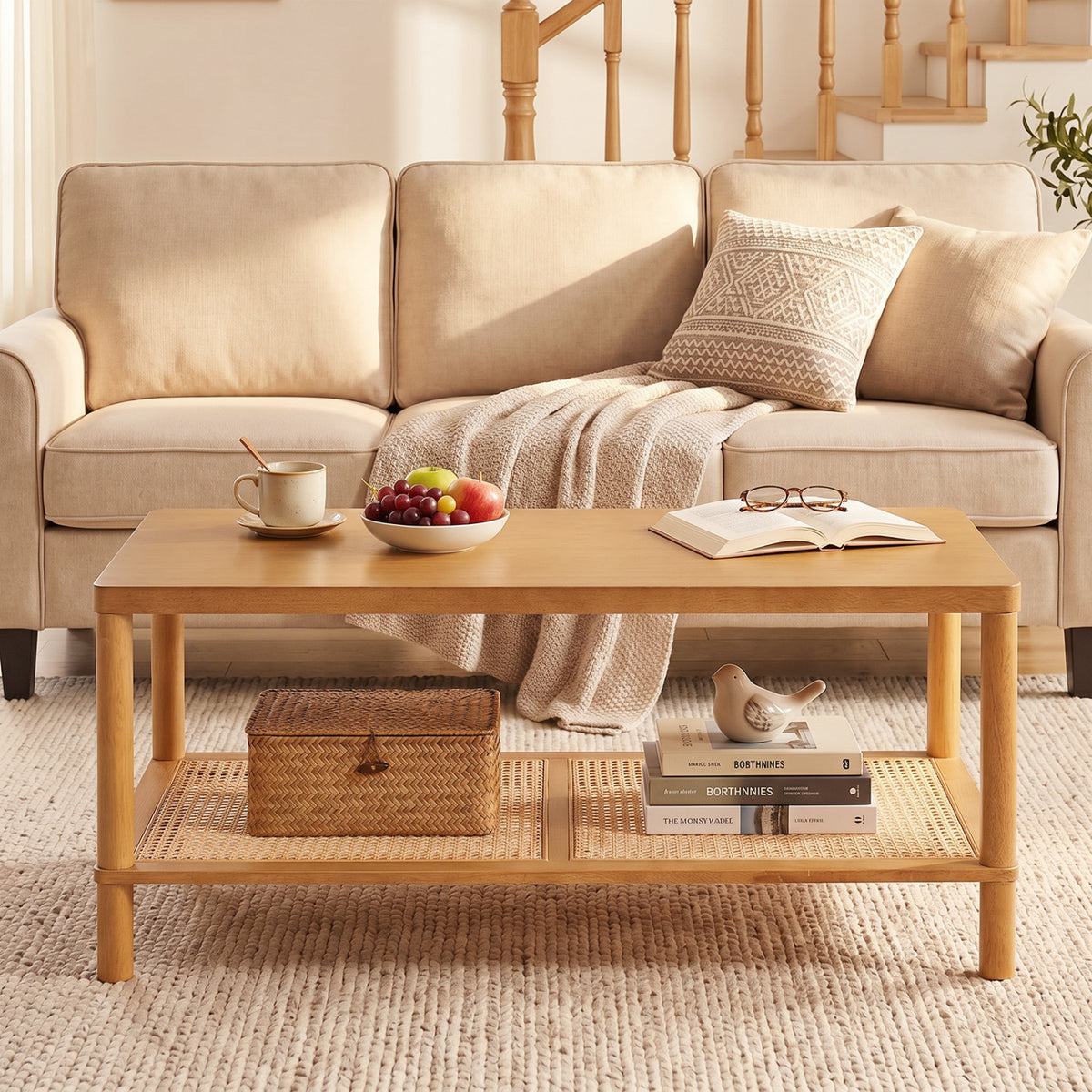 2-Tier Boho Coffee Table for Living Room Rectangular Center Table with Rubber Wood Frame and PVC Rattan Storage Shelf-Rustic Brown