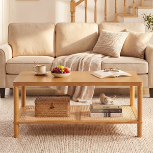 2-Tier Boho Coffee Table for Living Room Rectangular Center Table with Rubber Wood Frame and PVC Rattan Storage Shelf-Rustic Brown