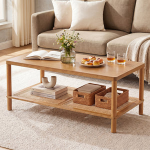 2-Tier Boho Coffee Table for Living Room Rectangular Center Table with Rubber Wood Frame and PVC Rattan Storage Shelf-Rustic Brown