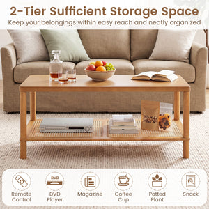 2-Tier Boho Coffee Table for Living Room Rectangular Center Table with Rubber Wood Frame and PVC Rattan Storage Shelf-Rustic Brown
