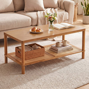 2-Tier Boho Coffee Table for Living Room Rectangular Center Table with Rubber Wood Frame and PVC Rattan Storage Shelf-Rustic Brown