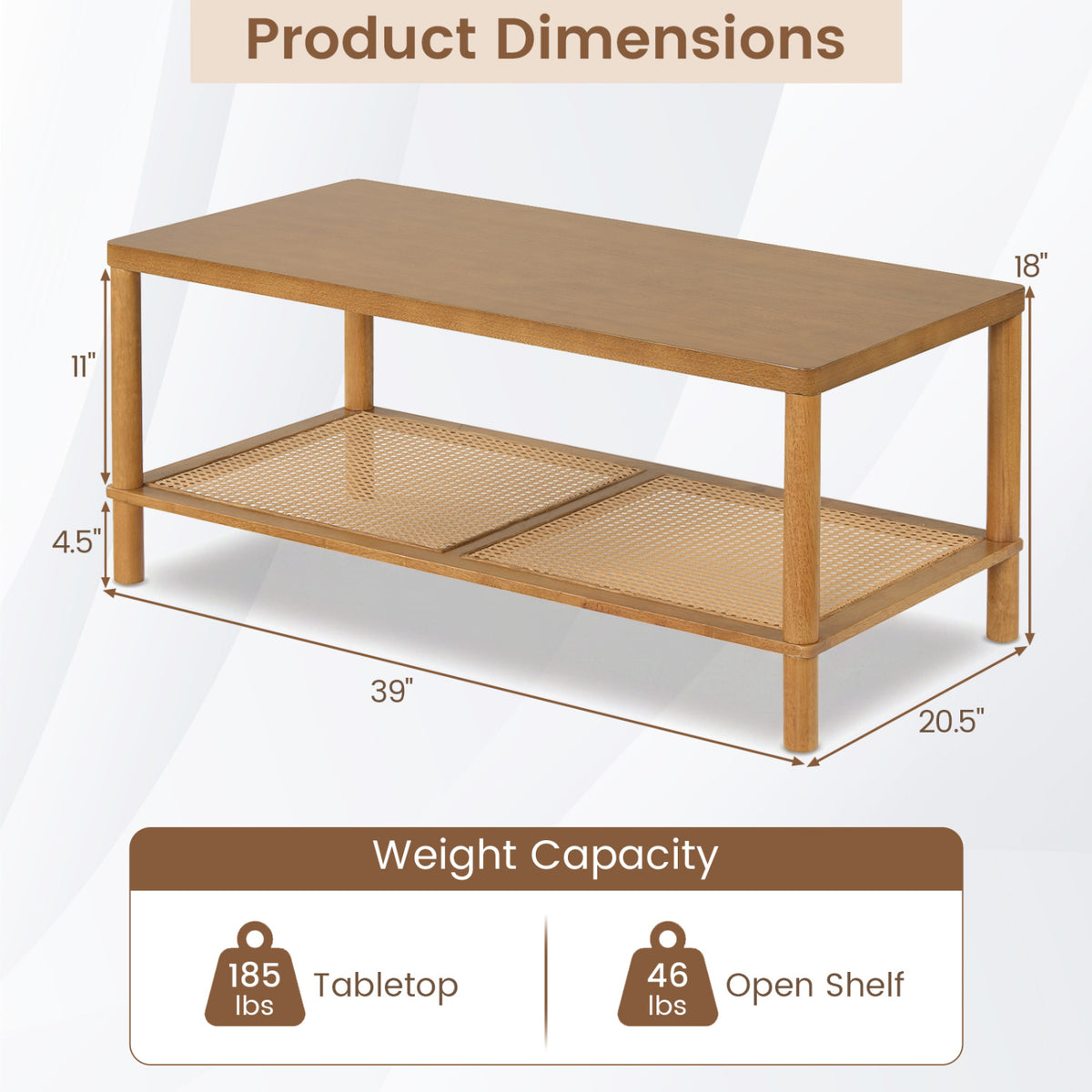 2-Tier Boho Coffee Table for Living Room Rectangular Center Table with Rubber Wood Frame and PVC Rattan Storage Shelf-Rustic Brown
