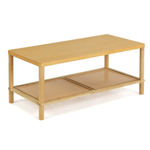 2-Tier Boho Coffee Table for Living Room Rectangular Center Table with Rubber Wood Frame and PVC Rattan Storage Shelf-Natural