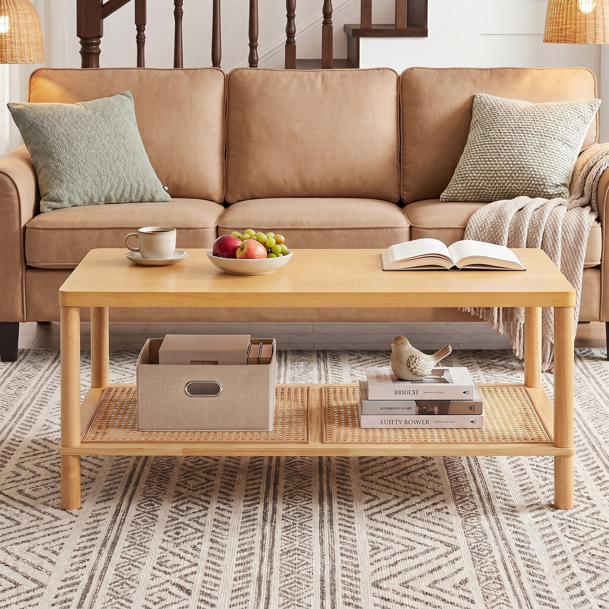 2-Tier Boho Coffee Table for Living Room Rectangular Center Table with Rubber Wood Frame and PVC Rattan Storage Shelf-Natural